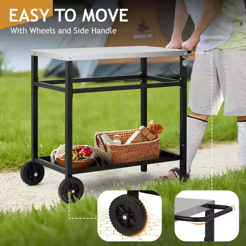 ROVSUN Upgraded Grill Dining Cart Table, Stainless Steel Bar Table Top, Movable Kitchen Island Stand for Outdoor Food Prep, Pizza Oven, Accessories