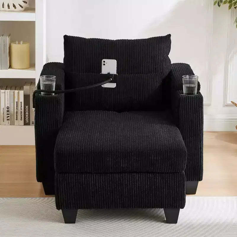 MAYEERTY Convertible Chaise Sofa Bed Corduroy Sleeper Sofa with Ports Cup Holders Ample Storage Space for Living Room Black