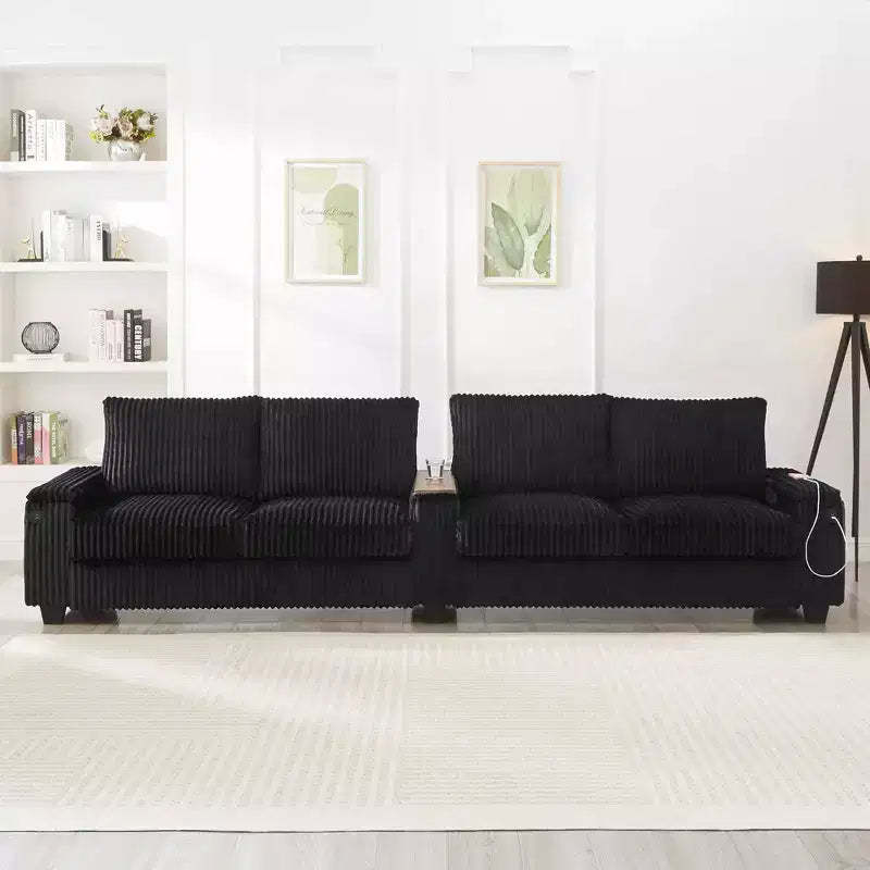 MAYEERTY 4 Seater Corduroy Sofa Couch 133 Modern Sofa with Ports Hidden Storage Arms Flip Top Cup Holders for Living Room Black