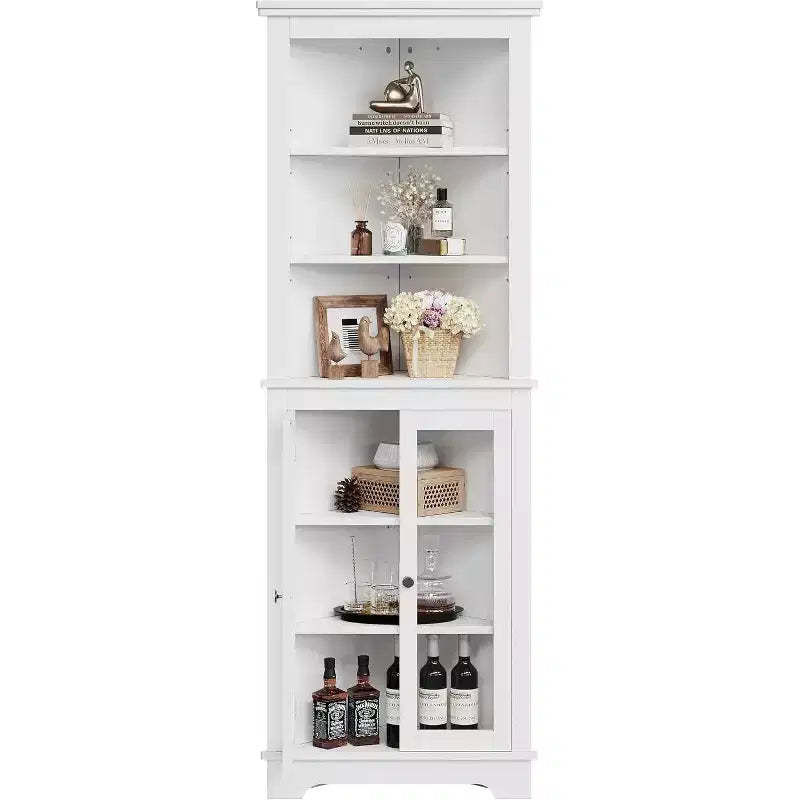 Corner Cabinet with Glass Doors, Adjustable Shelves Freestanding Tall Bathroom Kitchen Storage Cabinet for Small Spaces, White Modern Organizer