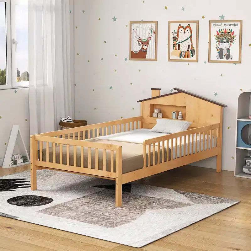 MAYEERTY Twin Size Kids Solid Wood Bed with Storage, House Headboard and Safety Guardrails
