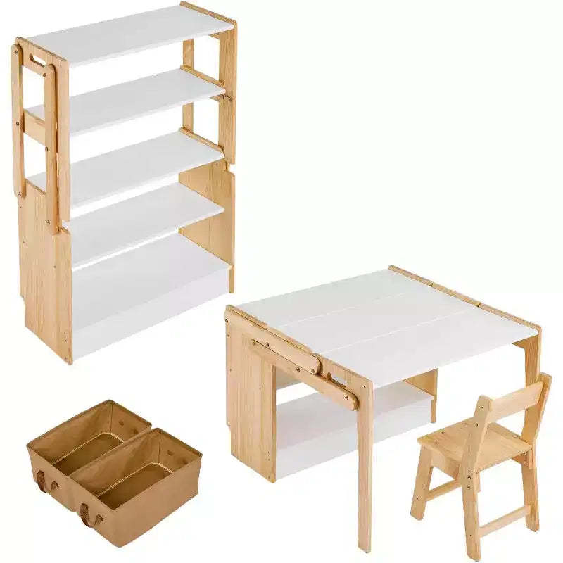 Folding Table and Chair Set,Convertible Activity Table to Storage Shelves,Craft Play Desk with 2 Storage Box,Adjustable Table for School and Home