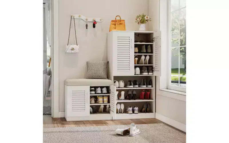 JVNOXK 47-inch Multi-Function Adjustable Shelf Shoe Cabinet with Storage Compartment and Padded Shoe Bench, Suitable for Entryway, White