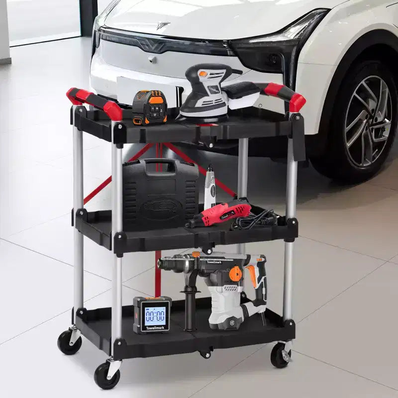 Collapsible 3-Tier Utility Cart with Lockable 360 Swivel Wheels, Heavy Duty 165 lbs Capacity, for Office, Garage, Workshop, Kitchen, Warehouse