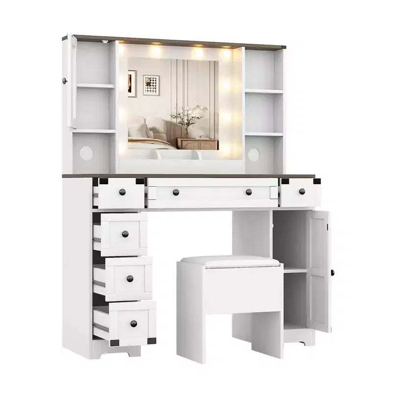 Makeup Vanity with Soft Cushioned Stool, Farmhouse Dressing Table with 6 Drawers & 2 Cabinet & Open Shelves