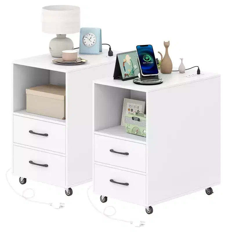 Costway 2PCS End Table w/Built-in Charging Station USB Ports Outlets 2 Drawers 3 Shelves White
