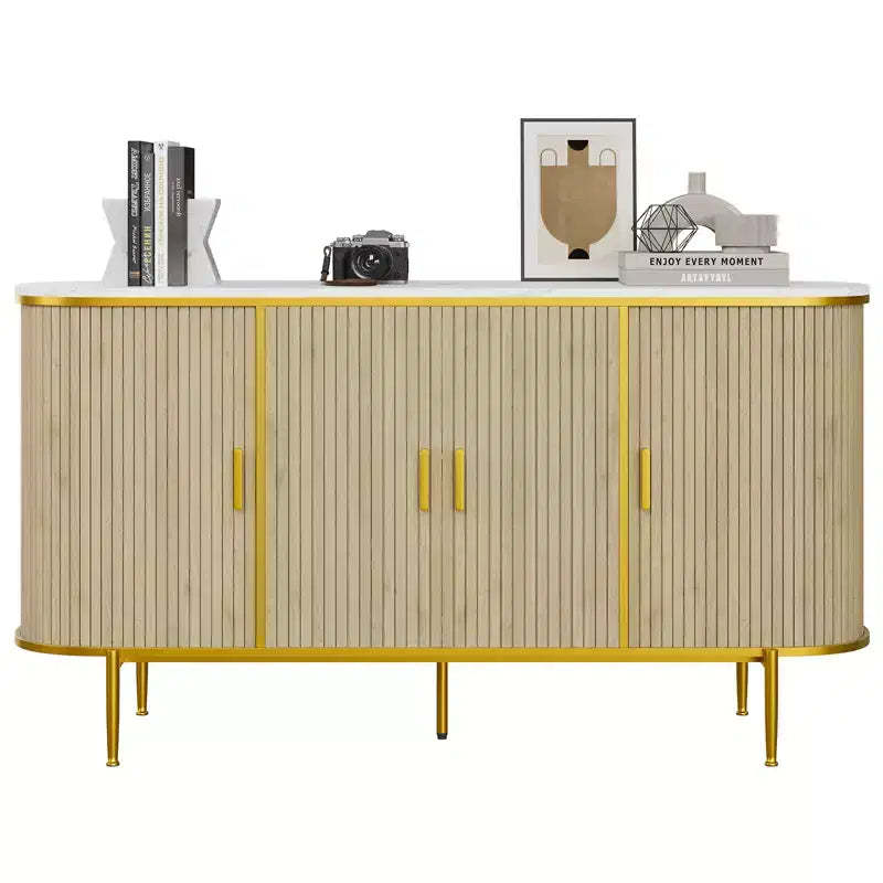 59 Sideboard Buffet Cabinet with Storage, Fluted Console Cabinet with Metal Legs, Faux Marble Top, Mid Century Modern Cabinets for Dining Room