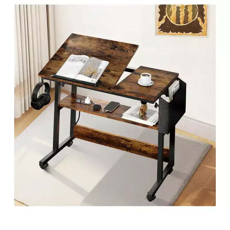 Home Office Computer Desk Workstation, Wood Laptop PC Table Drawer Shelf With Charging Station, Height Adjustable Rolling Desk For Small Spaces
