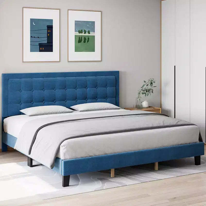 Upholstered Bed Frame with Adjustable Tufted Headboard, Wood Slat Support Platform Bed, No Box Spring Required, Blue