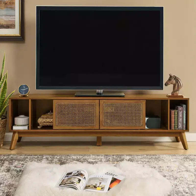 JVNOXK 67.9-inch Mid-Century Modern Rattan-Weave Cabinet Door TV Console, suitable for TVs up to 75 inches; ideal for living rooms, walnut finish