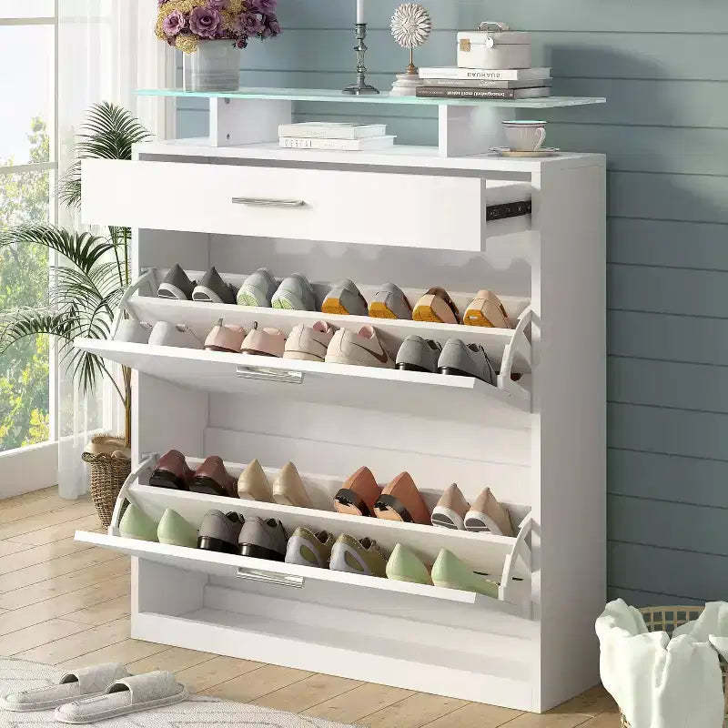Slim Entryway Storage Cabinet, Fashion Organizer with 2 Flip Drawers, Tempered Glass Top with LED Lights, White, for Hallway Corridor