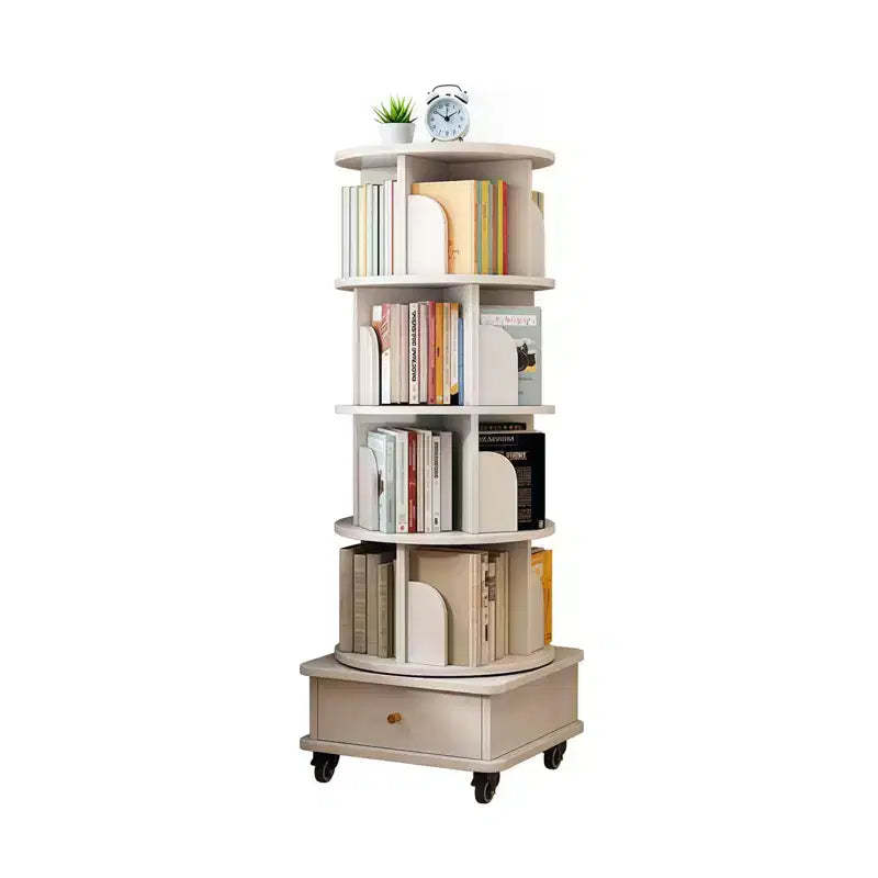 VIYET 56 5-Tier 360 Rotating Bookshelf, Oak MDF Tower w/ Wheels&Drawer (Space-Saving Storage for Home/Office),white