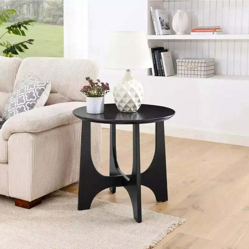 25 Modern Round End Table with Woodgrain Finish, Cross-Leg Accent Side Table for Living Room or Small Spaces-Panipeachy