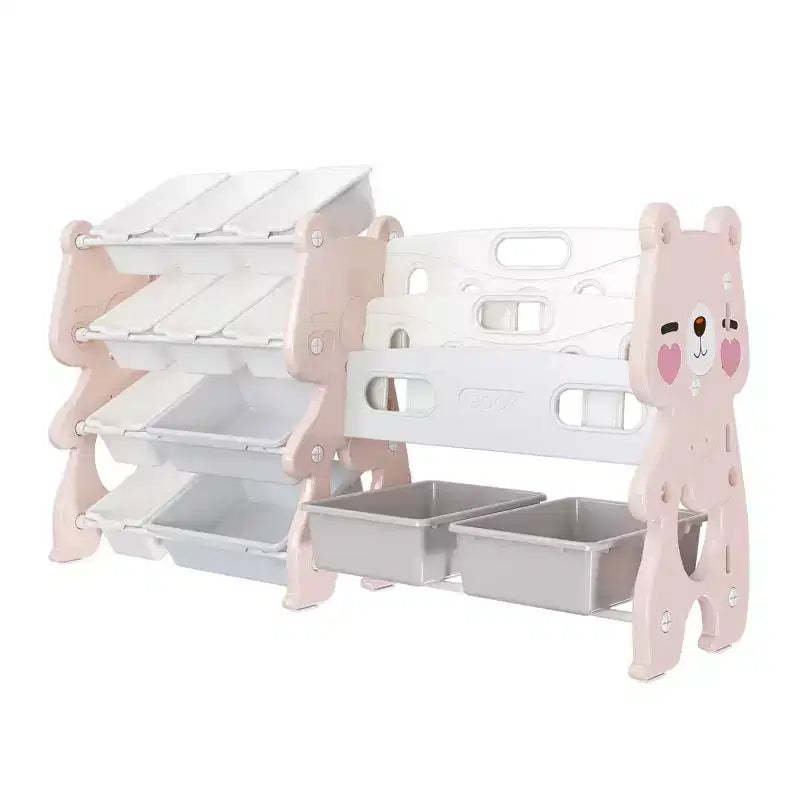 VIYET 34 Kids Toy Storage Organizer, Pink Polyethylene Unit w/ 2-Tier Bookshelf & 12 Toy Bins (Playroom/Bedroom Classroom Organizer)