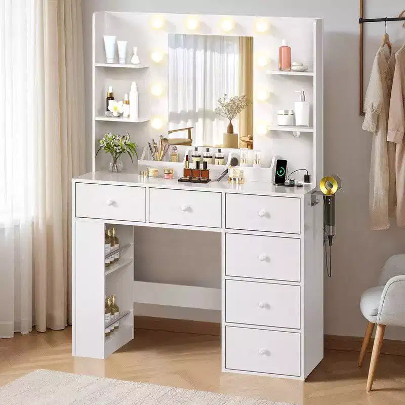 White Particle Board Veneered with Textured Melamine, 6-drawer 3-compartment Double-layer Side Rack, Side Panel Storage Style Dressing Table