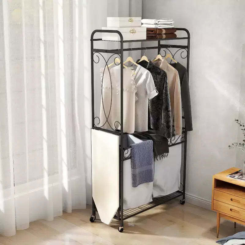 Multifunctional storage rack with hanging rods and shelves, metal basket with wheels, suitable for bathrooms, laundry rooms, and bedrooms.