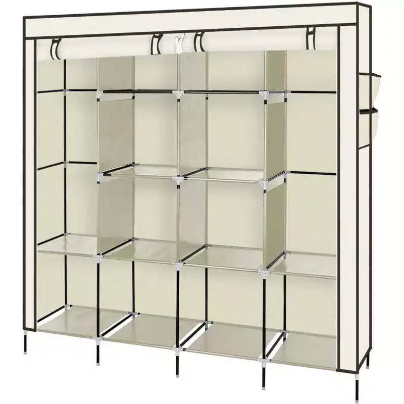 Non-Woven Fabric Wardrobe, 4-Row Tall Storage Cabinet with 4 Side Pockets, 169.5x44x168.5/181.5cm, Beige, for Home Dormitory