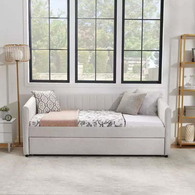 GDFStudio Scarlett Upholstered Daybed with Trundle, Vertical Stripe Backrest Sofa Bed