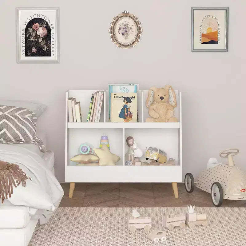 Modern Kids Bookshelf Toy Organizer, 2-Tier Storage Display Bookcase with 5 Cubbies, Open-Faced Bins, Christmas Birthday GIF