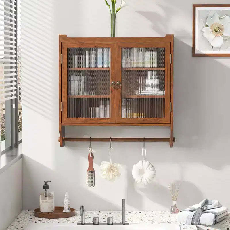 MAYEERTY 24.8 Double Glass Door Vintage Kitchen and Dining Cabinet with Three Three Tiers Towel Rack for Kitchen Dining Room Brown