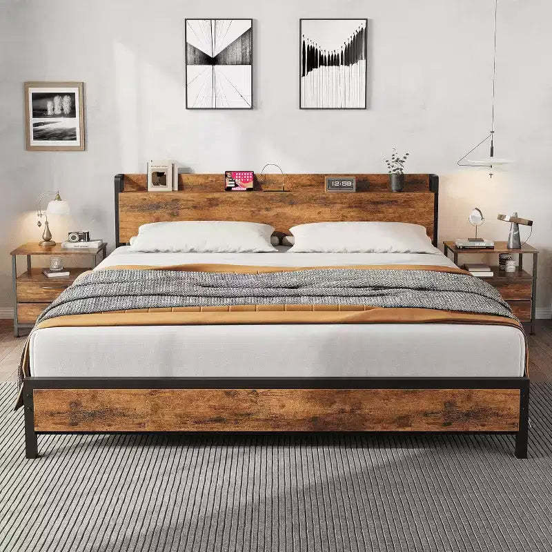 King Size Bed Frame with Charging Station and USB Ports, Industrial King Bed Platform with Headboard, 2-Tier Storage Bedframe,Brown