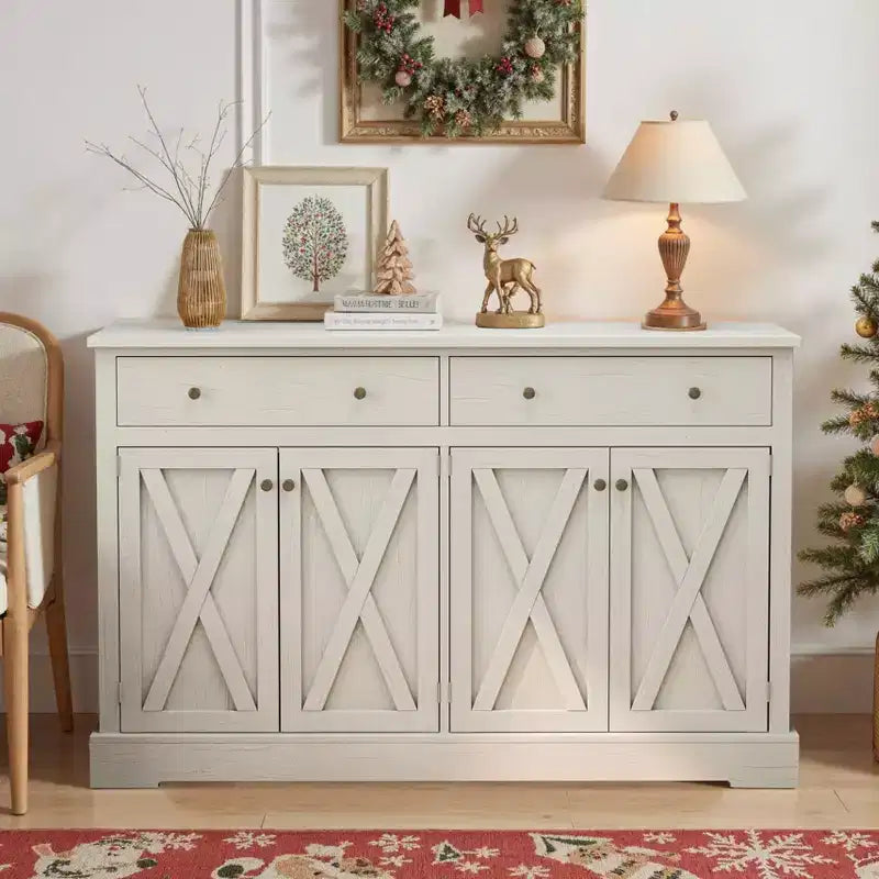 MAYEERTY Vintage Storage Cabinet with Two Drawers Four Door for Living Room Kitchen Bedroom White
