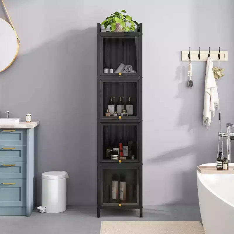 MAYEERTY Modern Four Tiers Glass Door Cabinet with Featuring Five Tiers Storage for Living Room Bathroom Black