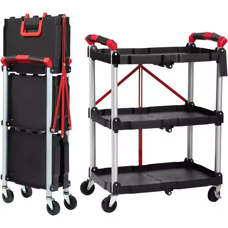 3-Tier Folding Utility Cart with Locking Wheels, Heavy-Duty Rolling Service Trolley for Kitchen, Office and Garage Storage