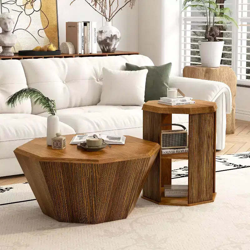 MAYEERTY 31.5 Octagonal Natural Rubber Wood Set of Two Coffee Table for Living Room Bedroom Beige