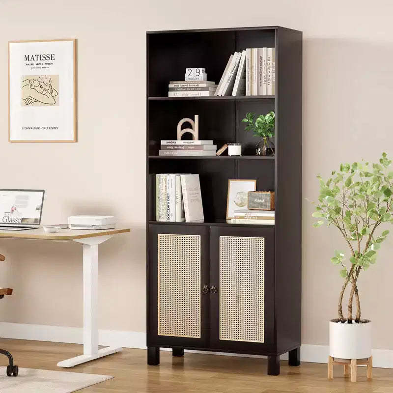 MAYEERTY Tall 5-Tier Bookcase with Rattan Doors, Wood Storage Shelves for Library Living Room Bedroom Home Office