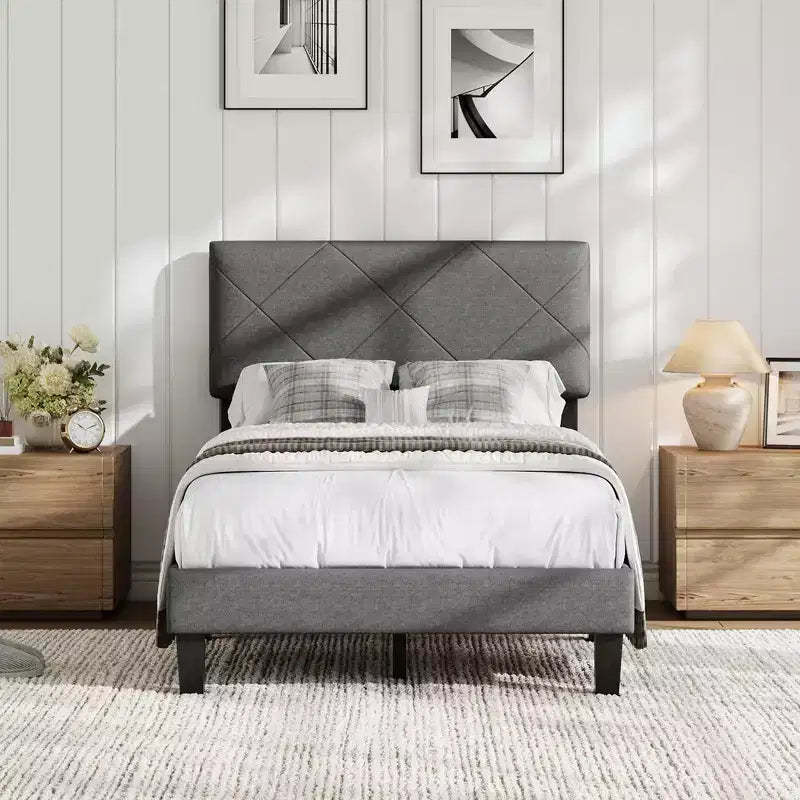 GustoWave Twin/Full/Queen/King Size Bed Frame with Upholstered Headboard - Gray Platform Bed with Wooden Slats