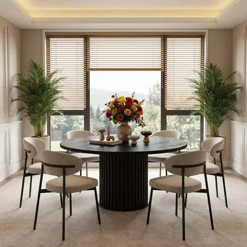 MAYEERTY 47 Round Wood Dining Table, Kitchen Table with Sturdy Fluted Metal Base