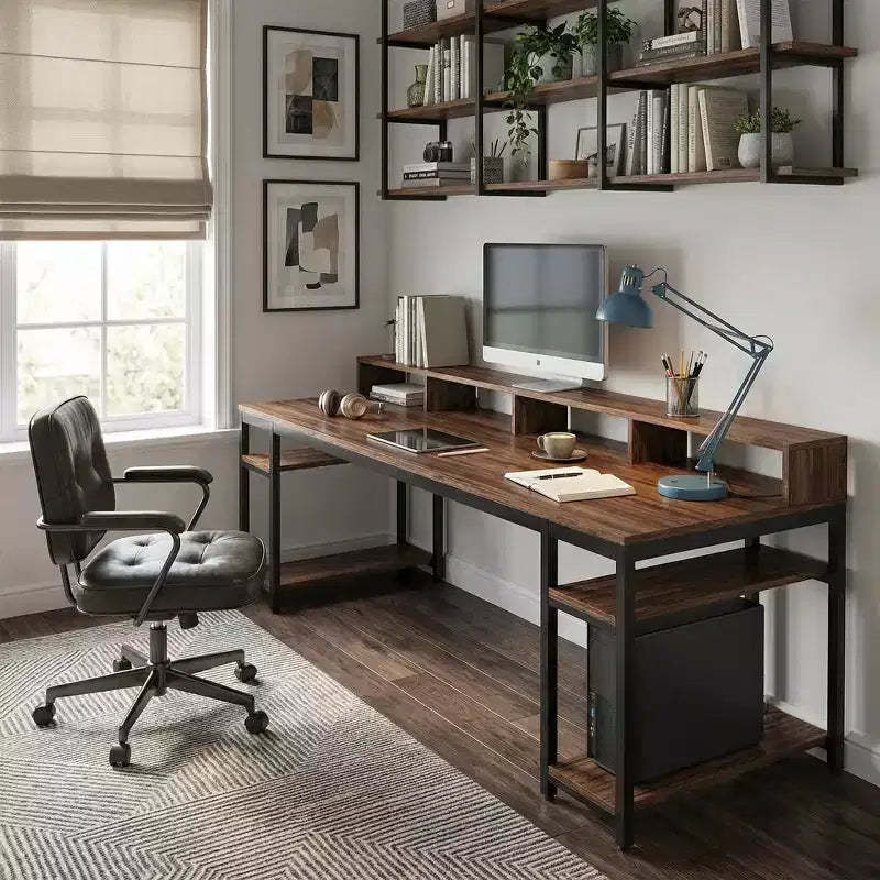 MAYEERTY 78.7 Two Person Computer Desk, Office Table with Monitor Stand and 4 Open Shelves