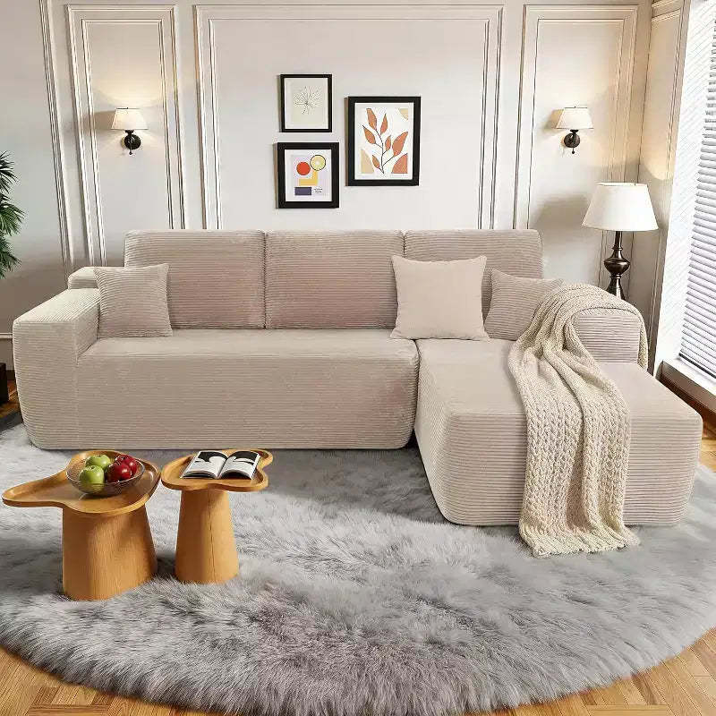 MooxvMoo Comfy Corduroy L Shaped Couch with Chaise,105 Modular Sectional Sofa with Throw Pillow & Deep Seat,No Assembly Required,Camel