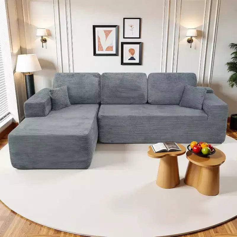 MooxvMoo 105 Modular Sectional Sofa with Throw Pillow & Deep Seat,No Assembly Required,Comfy Corduroy L Shaped Couch with Chaise,Gray