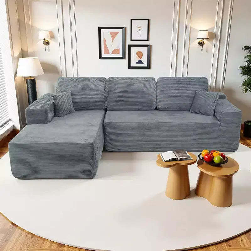 MooxvMoo 105 Modular Sectional Sofa with Throw Pillow & Deep Seat,No Assembly Required,Comfy Corduroy L Shaped Couch with Chaise,Gray