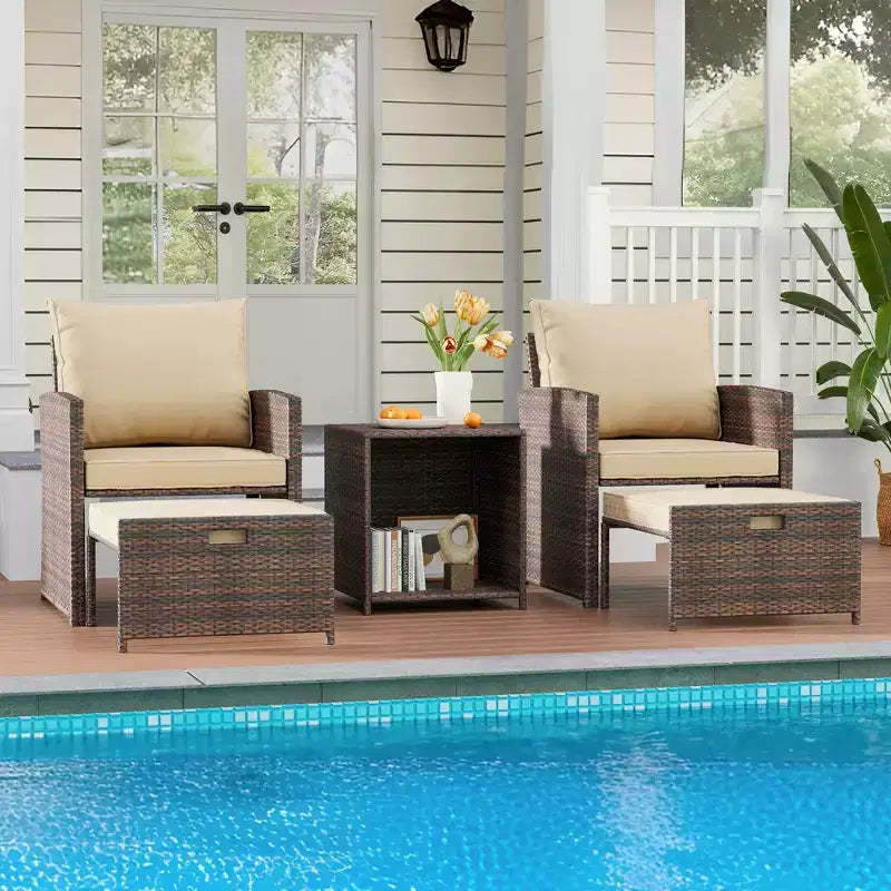 5-Piece PE Wicker Patio Conversation Set  2 Lounge Chairs with Ottomans, Coffee Table & Cushions for Porch, Balcony or Deck