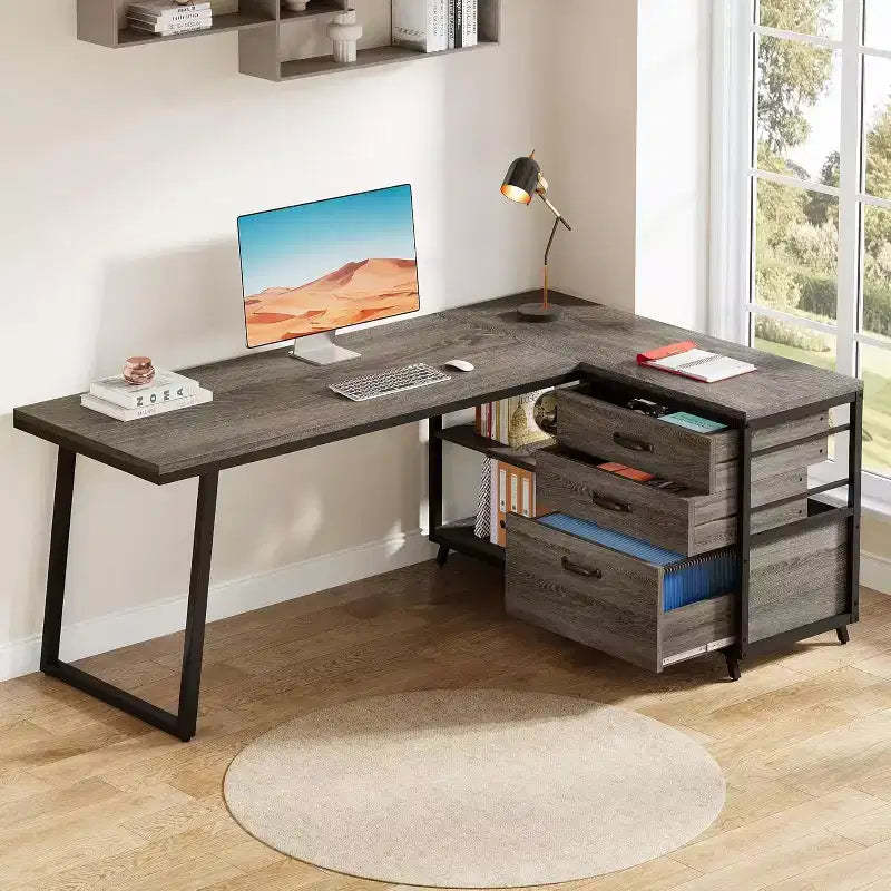 Lantine 53-Inch L-Shaped Office Desk, Reversible Corner Computer Desk with 3 File Drawers and 2 Storage Shelves for Home Office, Gaming Room, Grey