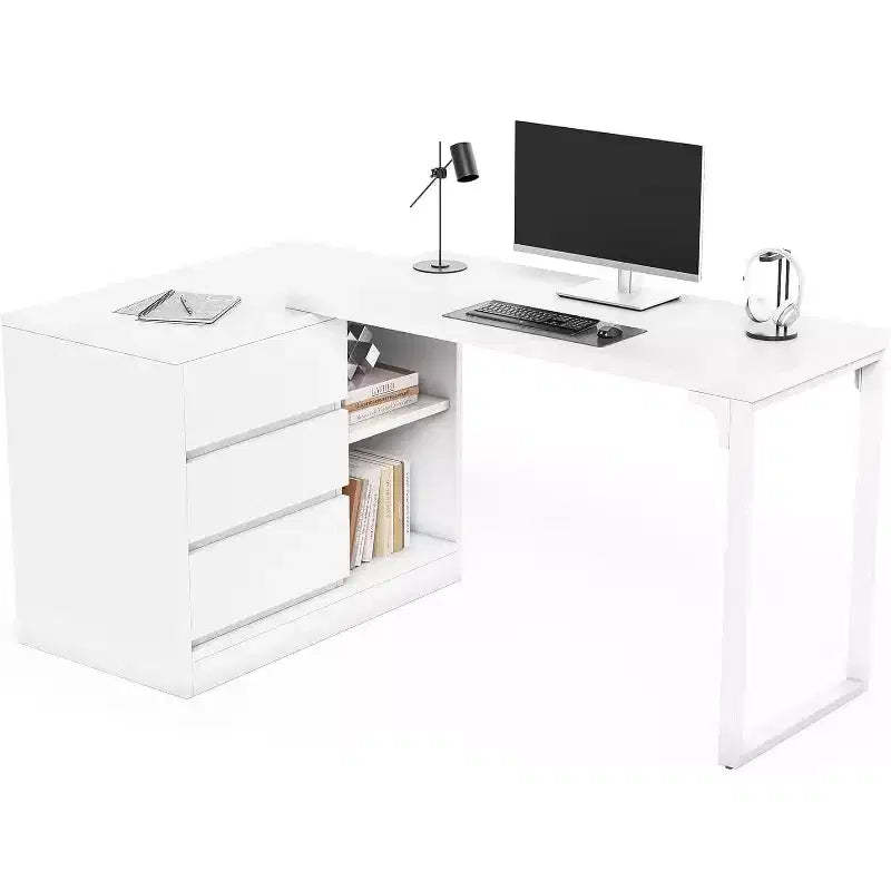 Lantine 70-Inch Computer Desk with Drawers, Movable L Shaped Desk with Storage, for Home Office, Gaming, Interchangeable Left and Right (White)