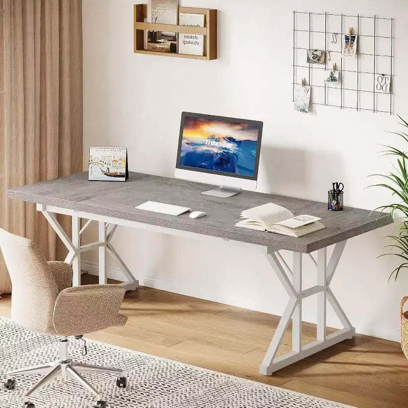 Lantine 70.86-Inch Large Executive Desk, Industrial Home Office Computer Desk, Simple Long Writing Study Table Business Furniture (Grey/White)