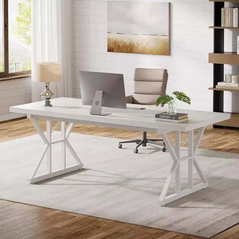 Lantine 70.86-Inch Large Executive Desk, Industrial Home Office Computer Desk, Simple Long Writing Study Table Business Furniture (White)