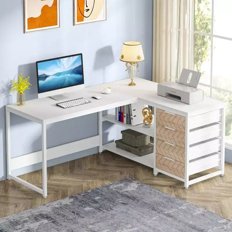 Lantine 59-Inch L-Shaped Computer Desk with Storage Drawers and Shelves, Reversible Corner Desk for Home Office, White