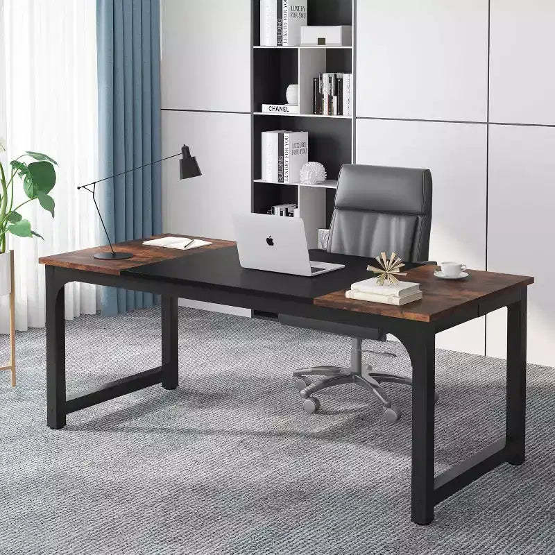 Lantine 70.8-Inch Executive Desk, Large Office Computer Desk with Thick Frame, Modern Workstation for Home Office, Rustic Brown/Black