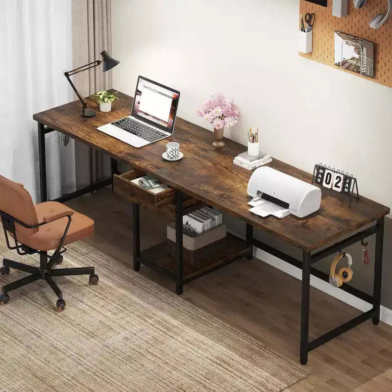 Lantine 79-Inch Two Person Desk, Double Desk with 2 Drawers and Storage Shelves, Large Computer Desk for Home Office, Rustic Brown
