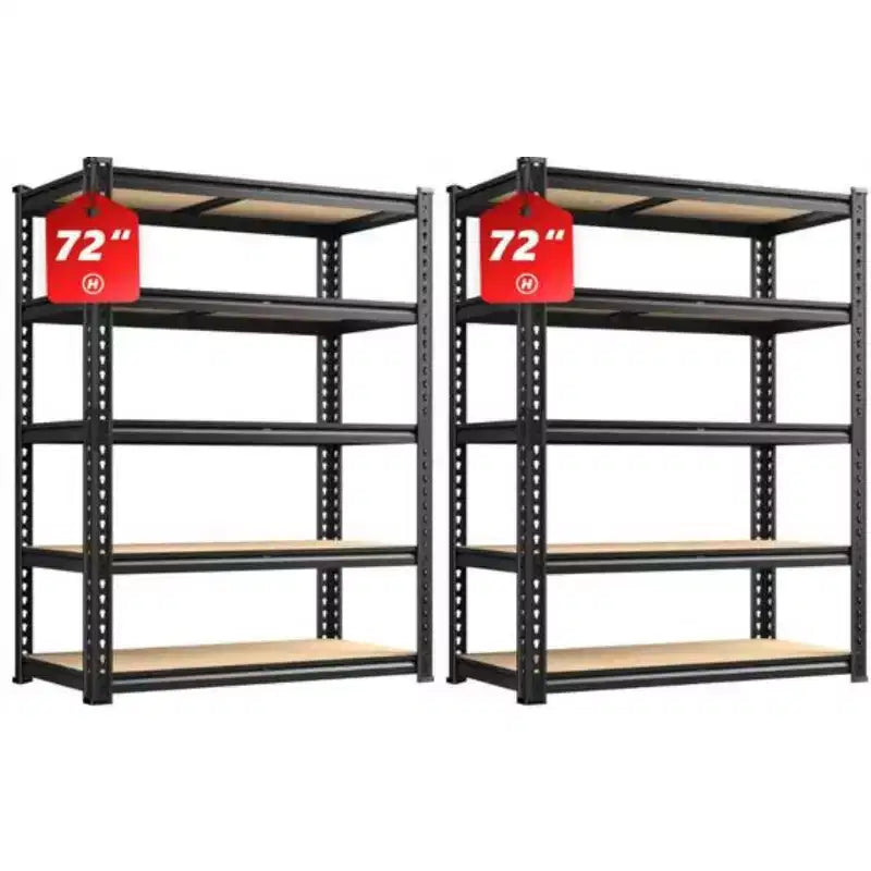 2 PCS Steel Boltless Storage Shelf, 5-Tier Adjustable Wooden Board,
