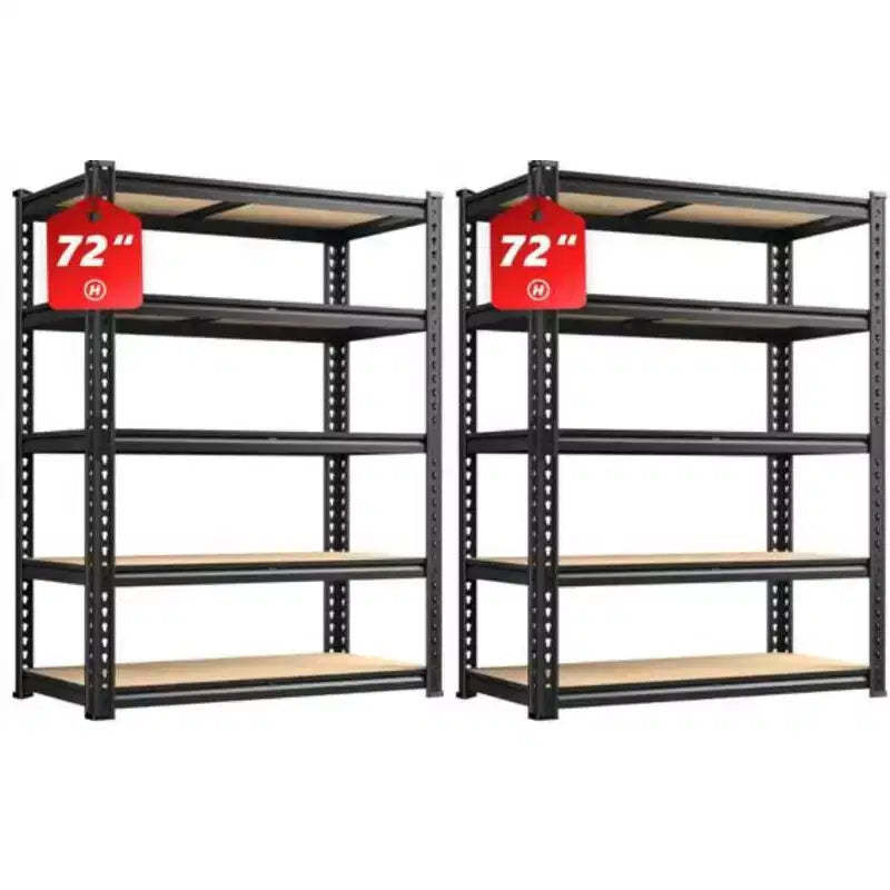 2 PCS Steel Boltless Storage Shelf, 5-Tier Adjustable Wooden Board,