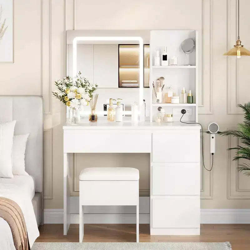 Vanity Desk with Mirror and Lights - Modern Makeup Dressing Table with Outlets, Storage Stool, LED Vanity Mirror, Vanities for Bedroom
