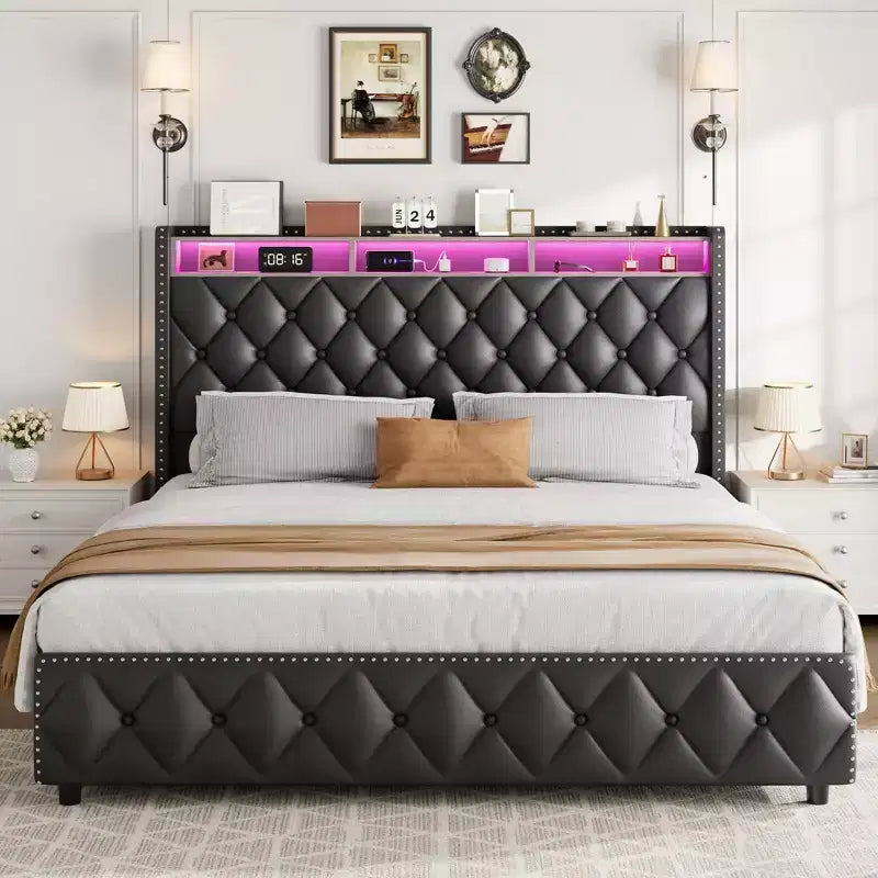 Bed Frame with Headboard, Platform Leather Upholstered Bed Frame with 4 Storage Drawers, Led Lights, No Box Spring Needed, Easy Assembly