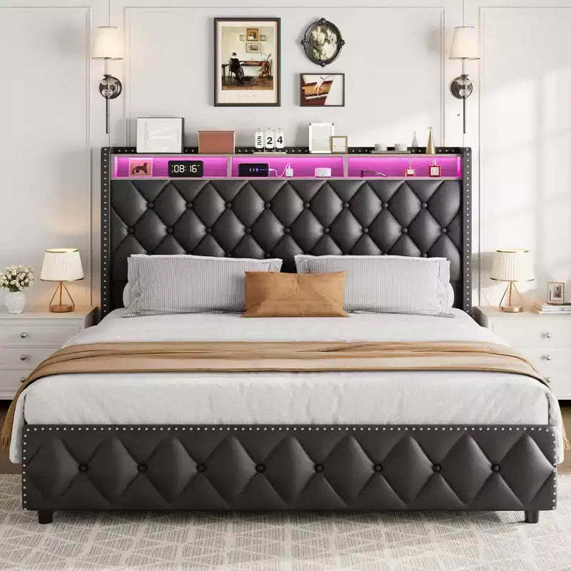 Bed Frame with Headboard, Platform Leather Upholstered Bed Frame with 4 Storage Drawers, Led Lights, No Box Spring Needed, Easy Assembly