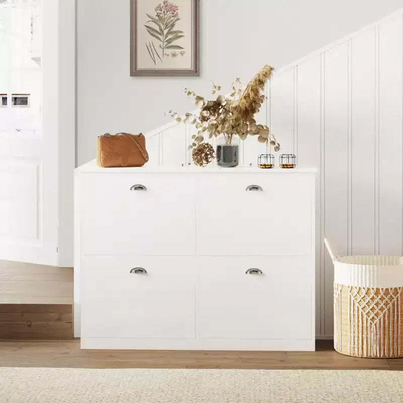 JVNOXK 40-inch Concealed Ultra-Slim Shoe Cabinet with 4 Flip-Top Drawers and Anti-Tip Mechanism, Suitable for Entryways and Bedrooms, White